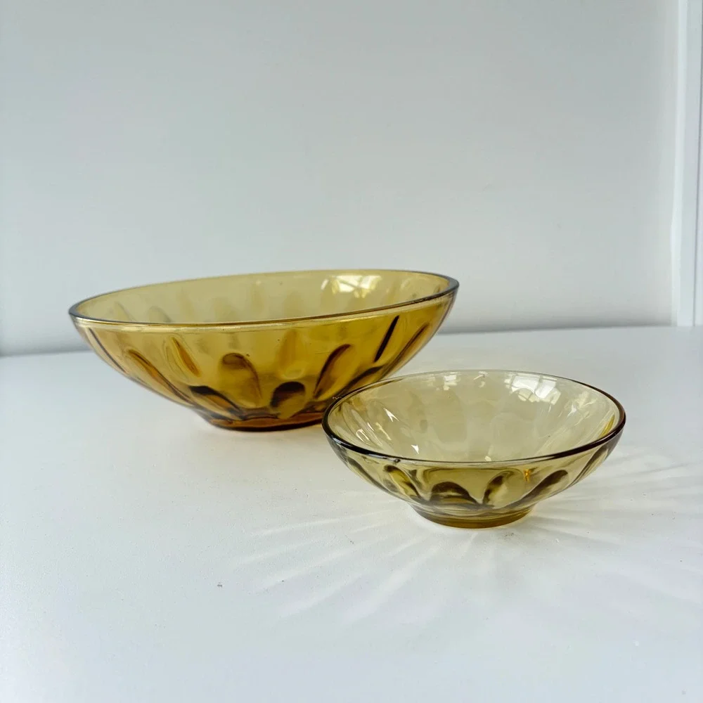 Vintage Amber Glass Thumbprint Nesting Bowl Set Mid Century Modern 2 Piece Gold
